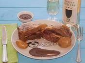 Presa iberica rellena jamón queso, salsa morcilla piñones