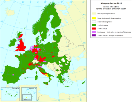 NO2: Mapa del valor límite anual para protección de la salud (Europa, 2012)