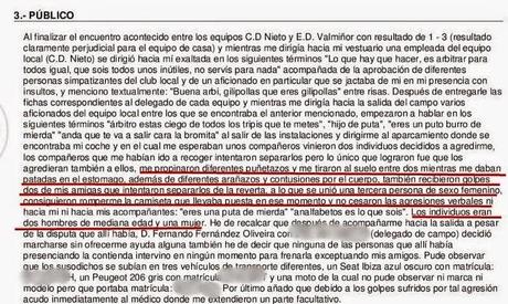 Cobarde y brutal agresión a un colegiado en Vigo al finalizar el C.D. Nieto-E.D. Valmiñor juvenil (Anexo al acta)