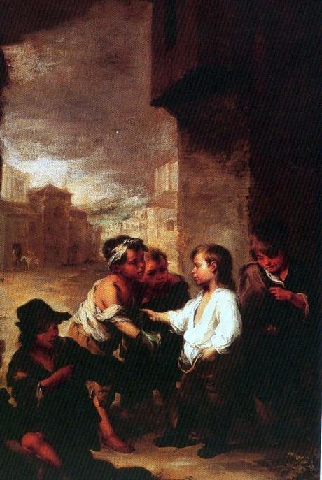 Santo Tomás de Villanueva, niño, repartiendo sus ropas. Bartolomé Esteban Murillo. Óleo, 1667