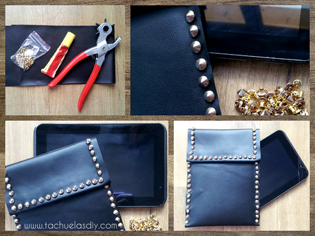 DIY Funda de tablet sin coser en menos de 30 minutos diy facil de hacer ,con tus propias manos una funda de polipiel o cuero y tachuelas de remanche a presión.