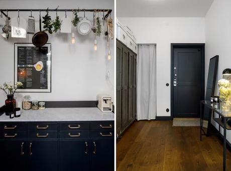 Cocina de forma rectangular sillas Serie 7 de Fritz Hansen sillas Eames DAX de Vitra muebles de diseño estilo nórdico decoración de salones decoración de comedores cocinas nórdicas negro y blanco cocinas modernas negras cocinas alargadas rectangulares