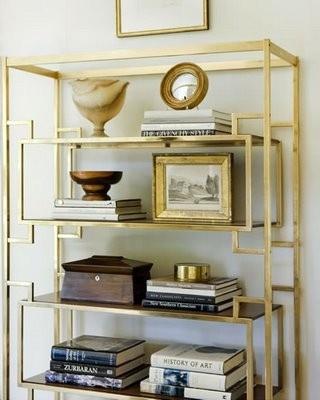 brass shelving or silver.... Use vintage shelving and spay paint it for nice office library or office items