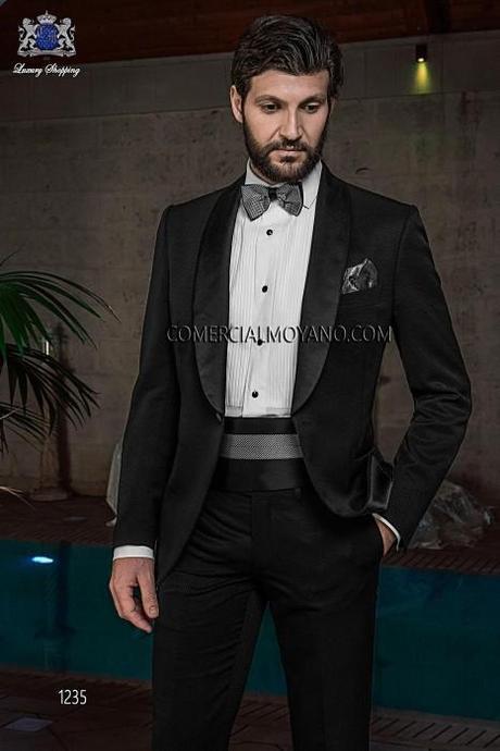 Traje de novio esmoquin italiano a medida negro en tejido dama y solapa chal de raso negro, modelo 1235 Ottavio Nuccio Gala colección Black Tie 2015.