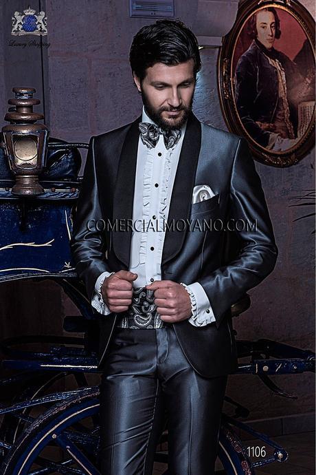 Traje de novio italiano esmoquin gris a medida en tejido new performance con solapa chal de raso negro, modelo 1106 Ottavio Nuccio Gala colección Black Tie 2015.