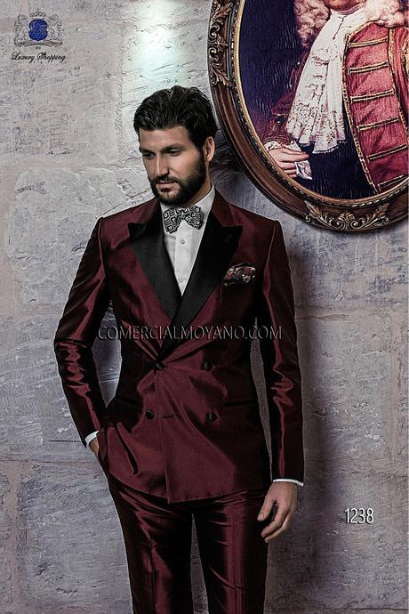 Traje de novio italiano esmoquin a medida cruzado, en shantung mixto seda granate, modelo 1238 Ottavio Nuccio Gala colección Black Tie 2015.