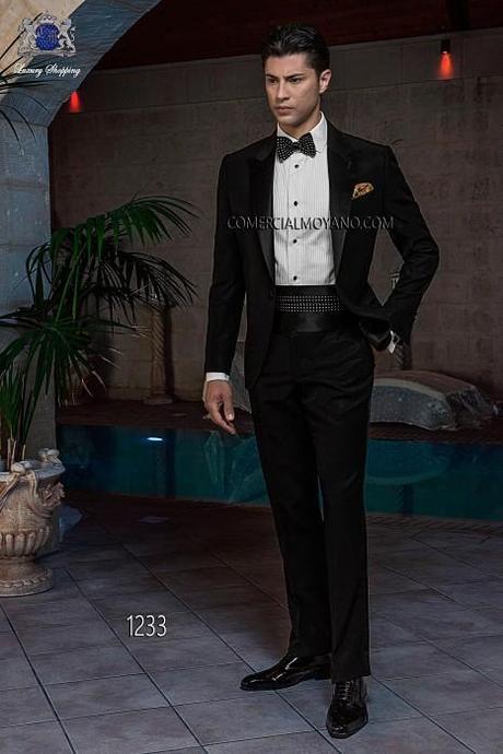 Traje de novio esmoquin italiano a medida negro en tejido new performance y solapa de raso negro, modelo 1233 Ottavio Nuccio Gala colección Black Tie 2015.