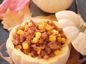 Mini calabazas rellenas carne, chile maíz.