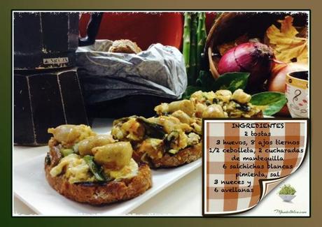 Tosta de revuelto de ajos tiernos y salchichas etiqueta