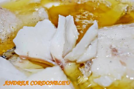 ENSALADA DE BACALAO CONFITADO CON VAINILLA Y AJO.