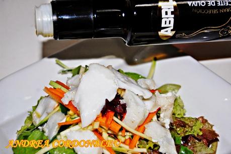 ENSALADA DE BACALAO CONFITADO CON VAINILLA Y AJO.