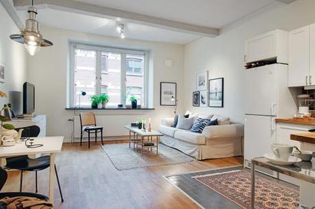 Piso pequeño con amplio salón y terraza comunitaria terrazas comunitarias ático piso pequeño decoración interiores espacios pisos pequeños distribución diáfana diseño de interiores blog decoración de salones decoración de interiores cocinas blancas pequeñas