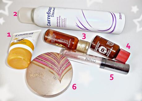 Productos acabados VI: Gel-crema facial oil free SPF 50+ Ladival, Desodorante floral de Carrefour Discount, Exquisite oil de Matrix, Placenta vegetal capilar Plus Forte de Rathma, Gloss efecto volumen de Kiko y Maquillaje compacto de Kiko