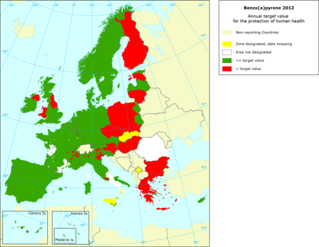 Benzo(a)Pireno: Mapa del valor objetivo anual para protección de la salud (Europa, 2012)