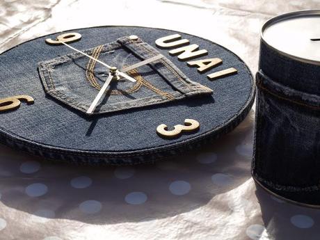 DIY Reloj y hucha para Unai, reciclando vaqueros.