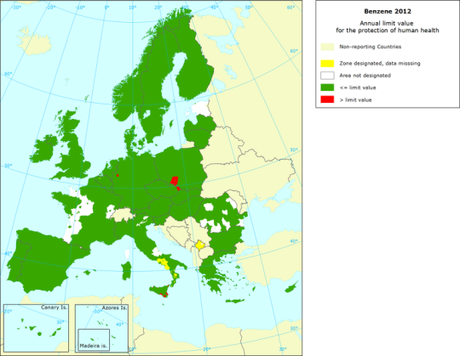 Benceno: Mapa del valor límite anual para protección de la salud (Europa, 2012)