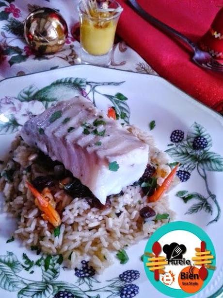 Bacalao con risotto de gambas y vermut rojo