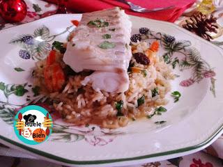 Bacalao con risotto de gambas y vermut rojo
