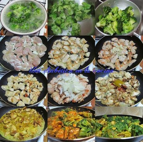 Brécol con pollo al curry