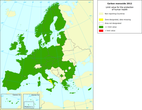 CO: Mapa del valor límite para protección de la salud (Europa, 2012)