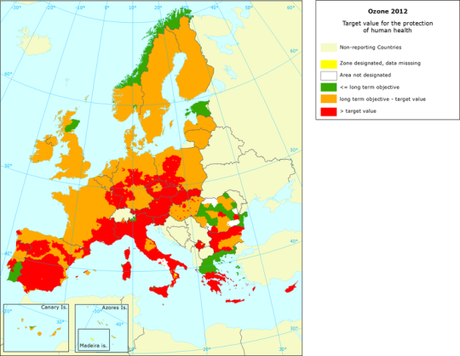 Ozono: Mapa del valor objetivo para protección de la salud (Europa, 2012)