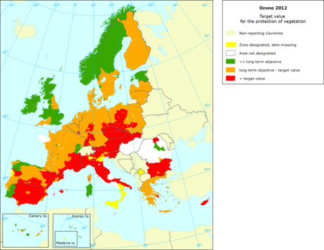 Ozono: Mapa del valor objetivo para protección de la vegetación (Europa, 2012)