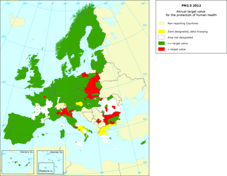 PM2.5: Mapa del valor objetivo anual para protección de la salud (Europa, 2012)