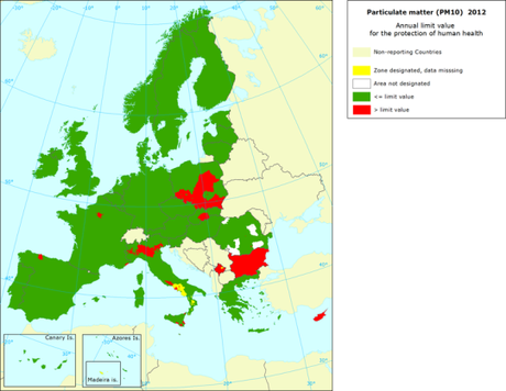 PM10: Mapa del valor límite anual para protección de la salud (Europa, 2012)