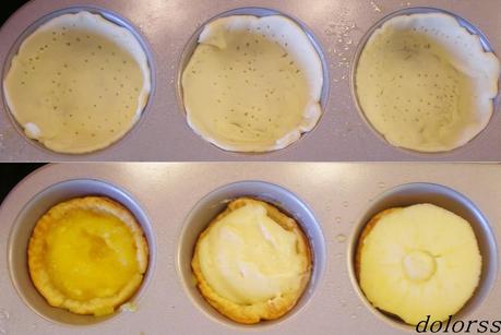 Tartas mini de hojaldre con crema pastelera, manzanas y arándanos