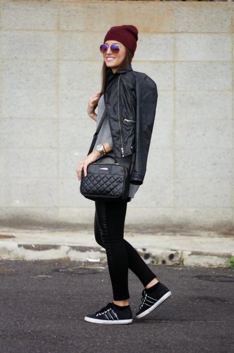 Black Outfit & Burgundy Beanie