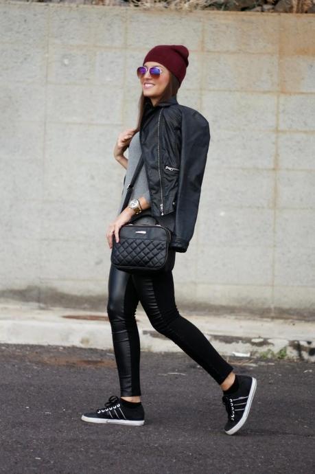 Black Outfit & Burgundy Beanie