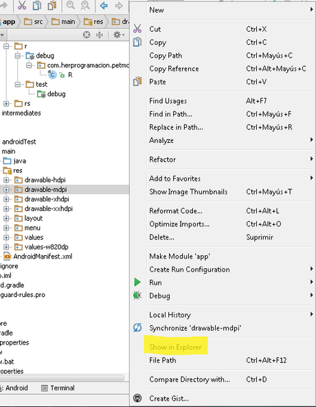 Comunicar Actividades a través de Intents en Android Show in Explorer en Android Studio
