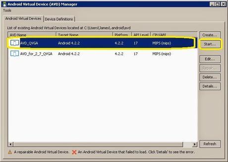 AVD Manager, Start...