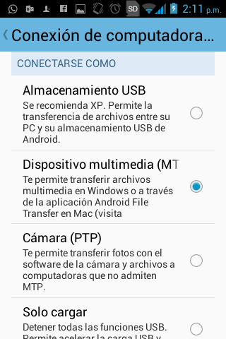 Android, conexión de computadora