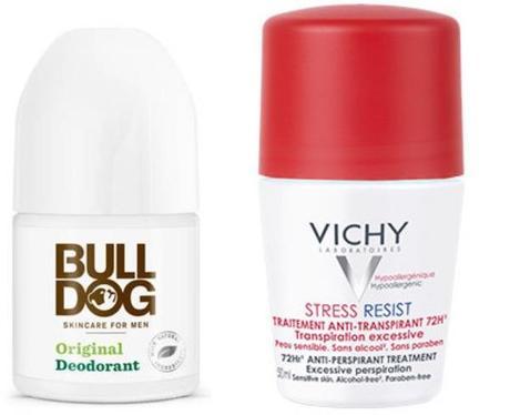 Desodorante masculino en roll-on de Bull Dog y antitranspirante de Vichy.