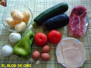 PISTO EN CESTA DE PATATAS CON JAMÓN, QUESO Y HUEVO.