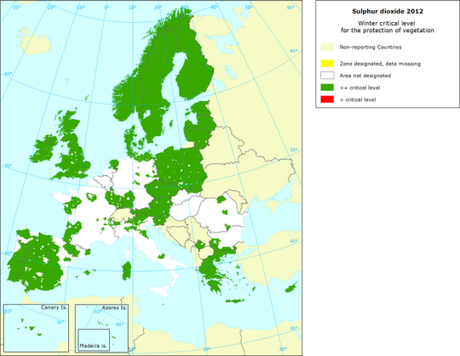 SO2: Mapa del valor crítico invernal para protección de la vegetación (Europa, 2012)