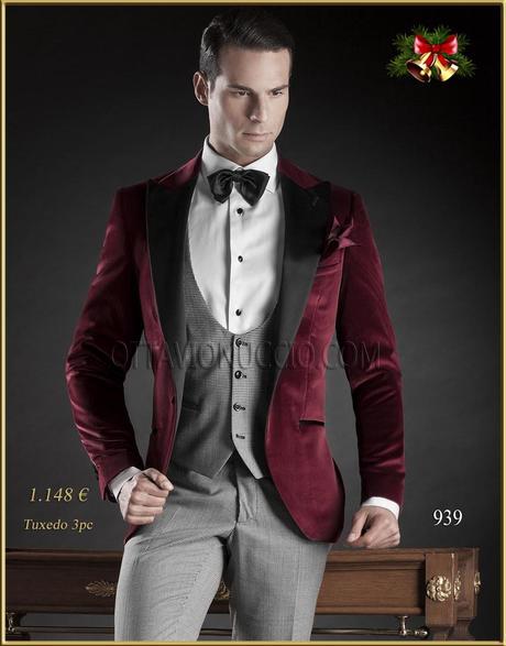 Traje de novio esmoquin italiano a medida, chaqueta de terciopelo rojo 100% algodon con solapa pico raso negro y un boton, coordinado con pantalon en pata de gallo, modelo 938 Ottavio Nuccio Gala Black Tie 2015.