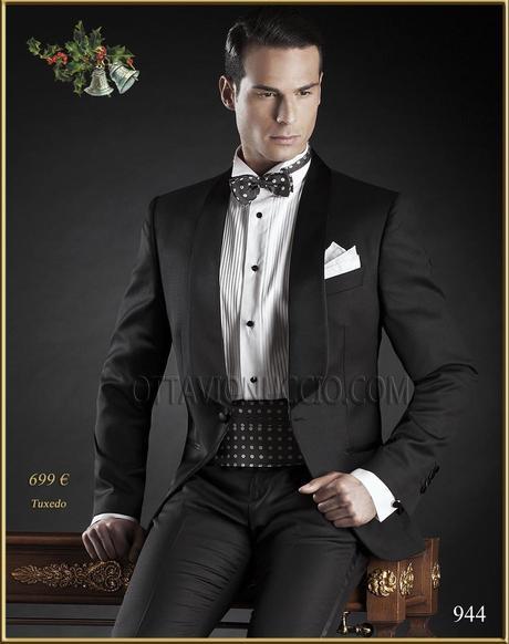 Traje de novio italiano esmoquin a medida, en lana súper 100’s con solapa chal raso y un boton, modelo 944 Ottavio Nuccio Gala colección Black Tie 2015.