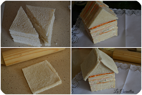 Pastel salado de pan de molde con forma de casita