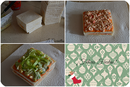 Pastel salado de pan de molde con forma de casita