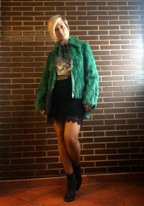 Fur green coat.