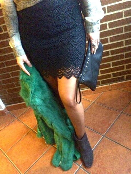 Fur green coat.