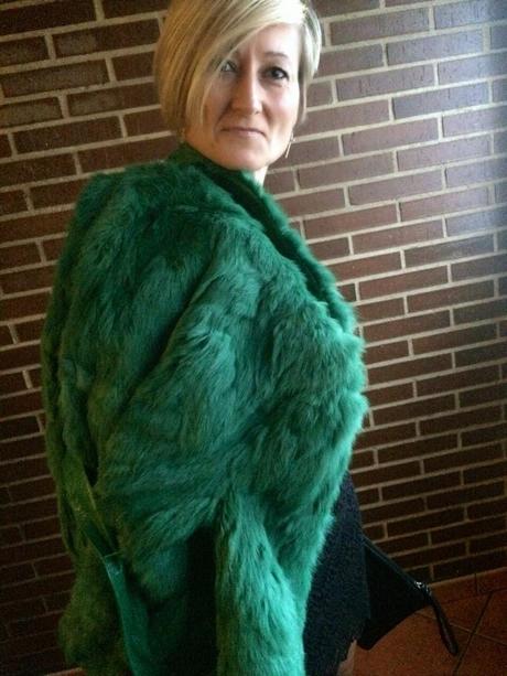 Fur green coat.