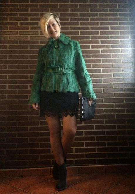 Fur green coat.