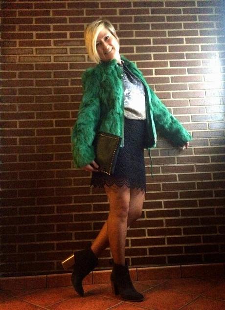 Fur green coat.