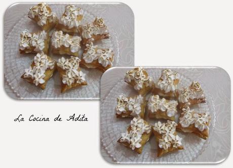 PASTELITOS DE HOJALDRE, RELLENOS CON GUINDAS, NATA, Y DECORADOS CON MERENGUE