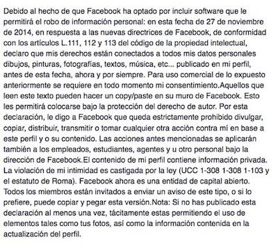 Disclaimer sobre propiedad intelectual y privacidad de los usuarios en Facebook