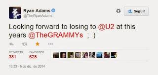 Ryan Adams está 'preparado' para perder con U2 en los Grammy