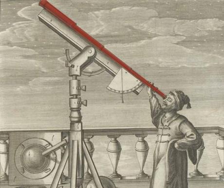 Dibujo de Johannes Hevelius con un telescopio  (Selenographia: sive, lunea descriptio, 1647).